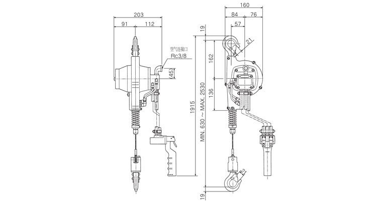 遠(yuǎn)藤ENDO EHW-R氣動葫蘆尺寸